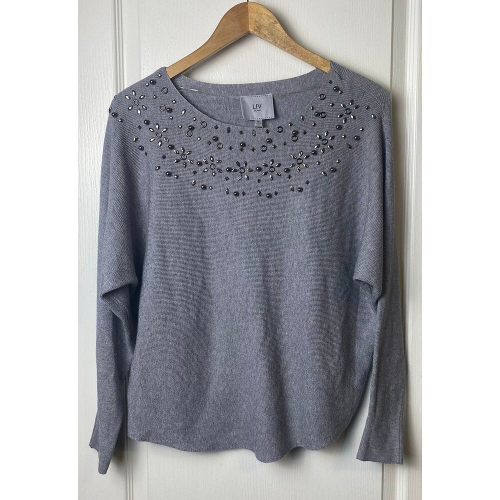 Liv Milano Heather Gray Dolman Sleeve Bead Embellished Sweater Size Medium NWT